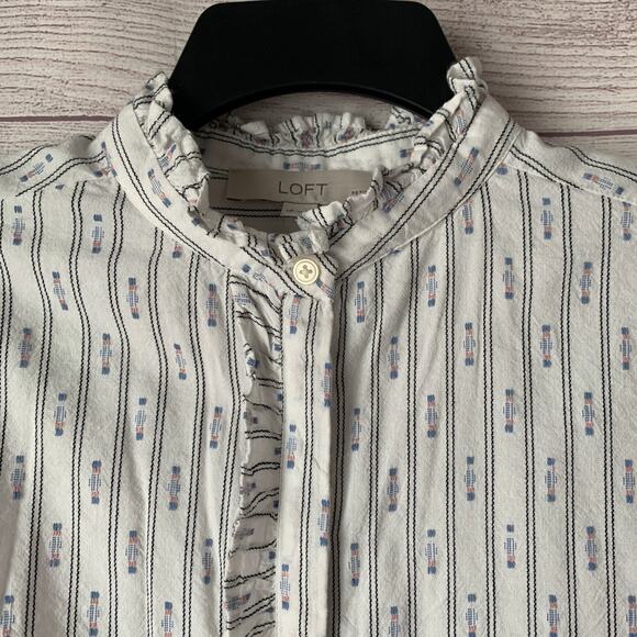 LOFT Petites White Striped Pink and Country Blue Blouse Button Up Size SP - Picture 8 of 16